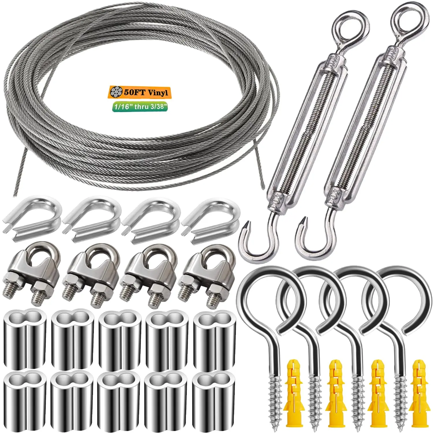 1/16 Wire Rope Kit, Vinyl Coated Aircraft Cable, 7x7 Strand Core with Turnbuckles, Crimping Loop Sleeve, Cable Clip Clamp for String Light Hanging, Garden Wire, Clotheslines
1/16 Wire Rope Kit, Vinyl Coated Aircraft Cable, 7x7 Strand Core with Turnbuckles, Crimping Loop Sleeve, Cable Clip Clamp for String Light Hanging, Garden Wire, Clotheslines