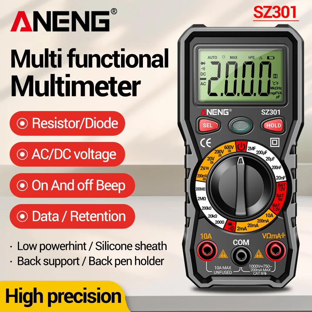 Multimeter True RMS NCV Induction Detection ANENG SZ301 AC/DC Voltage 2000 Counts Resistance Diode Professional Electrician Tool
Multimeter True RMS NCV Induction Detection ANENG SZ301 AC/DC Voltage 2000 Counts Resistance Diode Professional Electrician Tool
