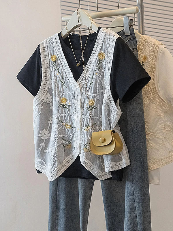 Korean Style Embroidered Lace Open Cardigan Loose Short Sleeve T-Shirt Vest Thin Summer Fashion plus Size Women's Set
Korean Style Embroidered Lace Open Cardigan Loose Short Sleeve T-Shirt Vest Thin Summer Fashion plus Size Women's Set