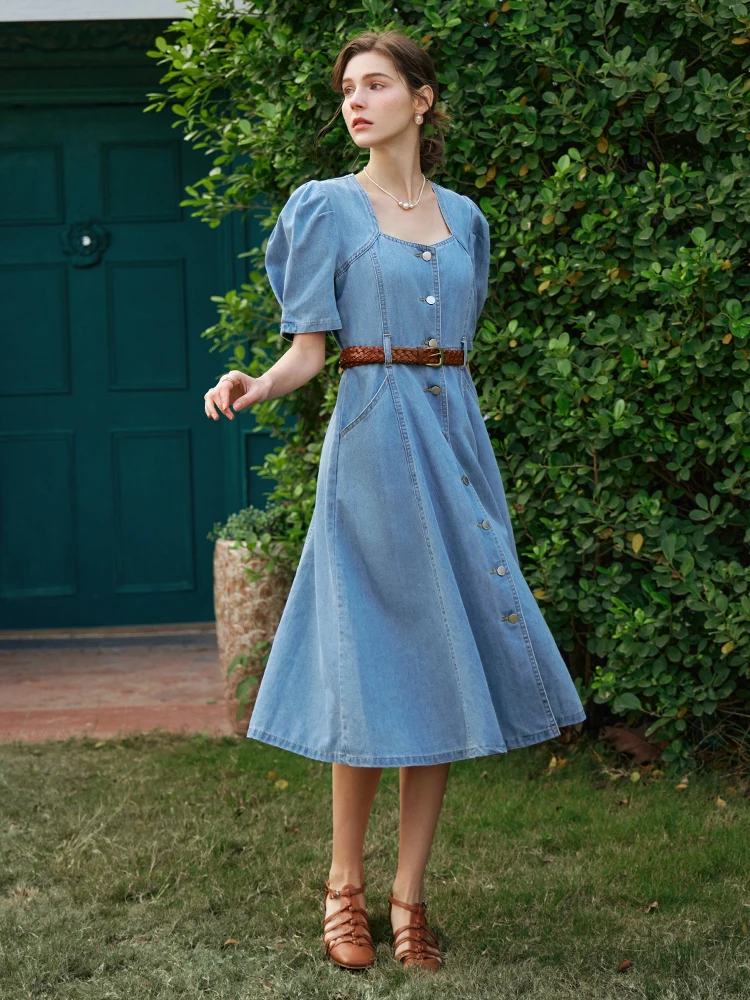 OLrain Summer Denim Dresses Woman 2025 Vintage Square Neck Short Sleeve Botton Down Washed Denim Midi Dress Female O24XL83556 
OLrain Summer Denim Dresses Woman 2025 Vintage Square Neck Short Sleeve Botton Down Washed Denim Midi Dress Female O24XL83556
