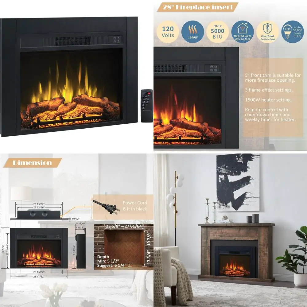 Electric Fireplace Insert with Front Trim, 23W x 17H, 1500W Heater, Remote Control
Electric Fireplace Insert with Front Trim, 23W x 17H, 1500W Heater, Remote Control
