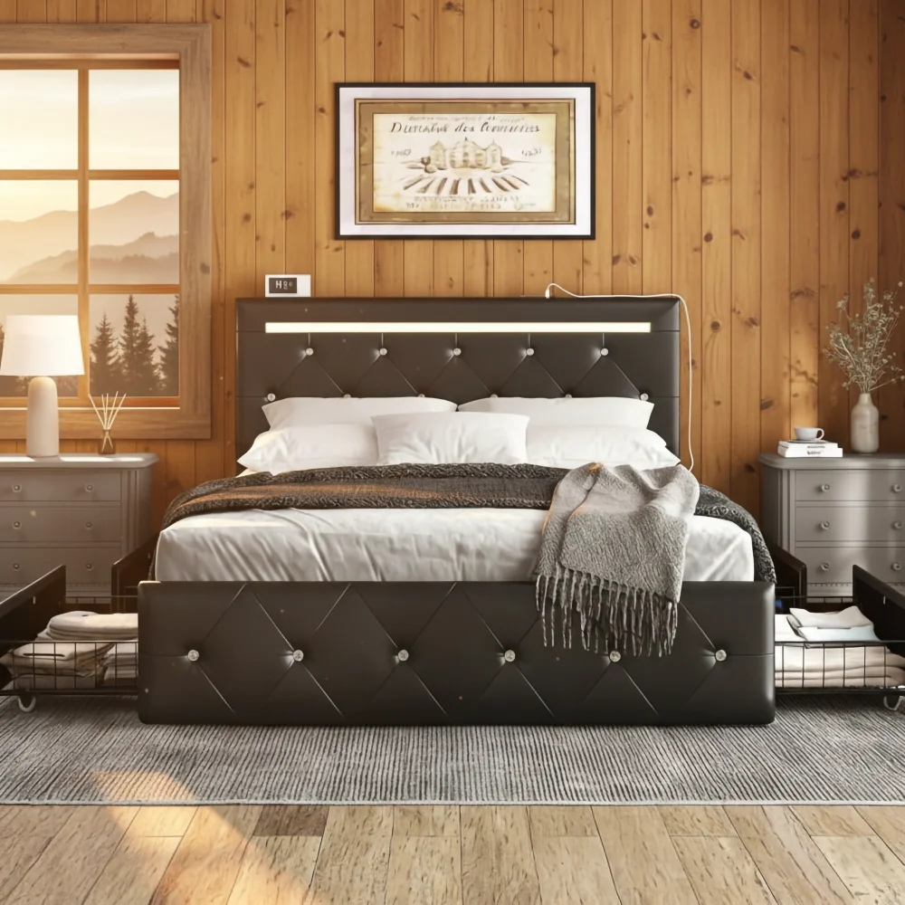 Queen Size Bed Frame: LED,4 Storage Drawers,PU,Adjustable Headboard,Charging Station,Metal Frame,No Box Spring,Black
Queen Size Bed Frame: LED,4 Storage Drawers,PU,Adjustable Headboard,Charging Station,Metal Frame,No Box Spring,Black