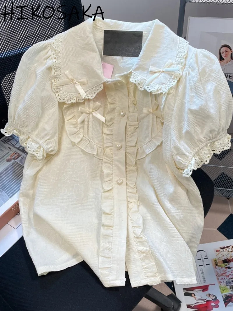Japanese Sweet Peter Pan Collar Bow Short Sleeve Shirts Solid All-match Casual Single Breasted Blouse Summer Fresh Crop Top
Japanese Sweet Peter Pan Collar Bow Short Sleeve Shirts Solid All-match Casual Single Breasted Blouse Summer Fresh Crop Top