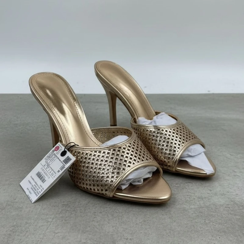 Gold Party Mules for Women Metallic Stiletto High Heels with Open Toe & Perforated Design Elegant Slip-On Sandals for Banquet
Gold Party Mules for Women Metallic Stiletto High Heels with Open Toe & Perforated Design Elegant Slip-On Sandals for Banquet