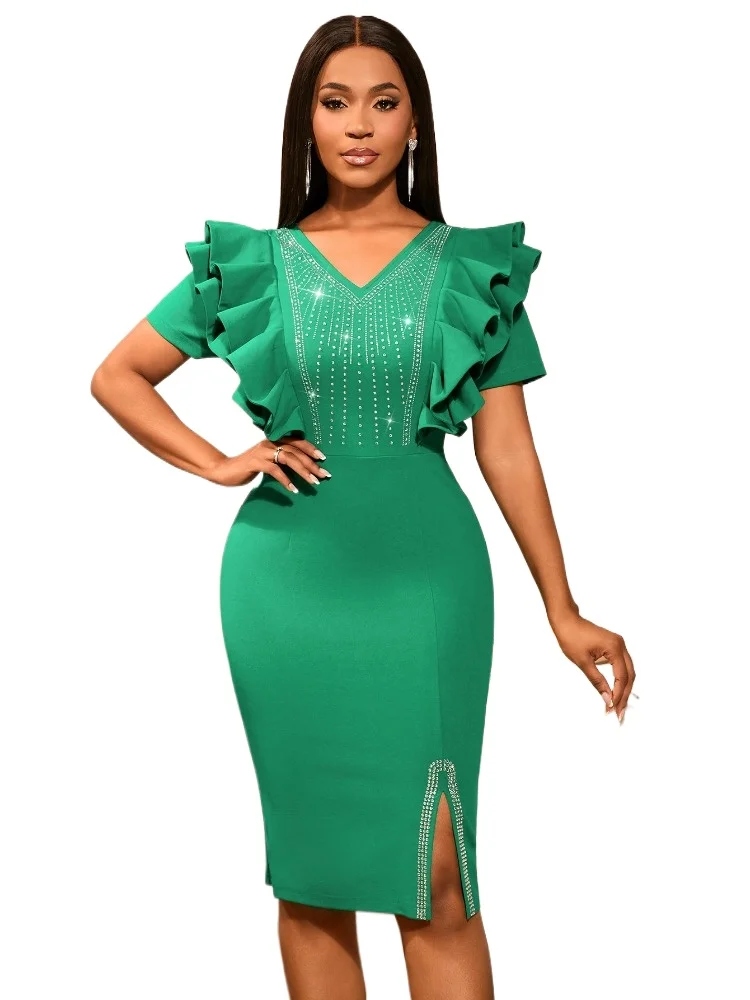 Women Bodycon Midi Dress with Ruffled Short Sleeves V Neck Rhinestone Embellishments on Bodice Side Slit Elegant for Party
Women Bodycon Midi Dress with Ruffled Short Sleeves V Neck Rhinestone Embellishments on Bodice Side Slit Elegant for Party