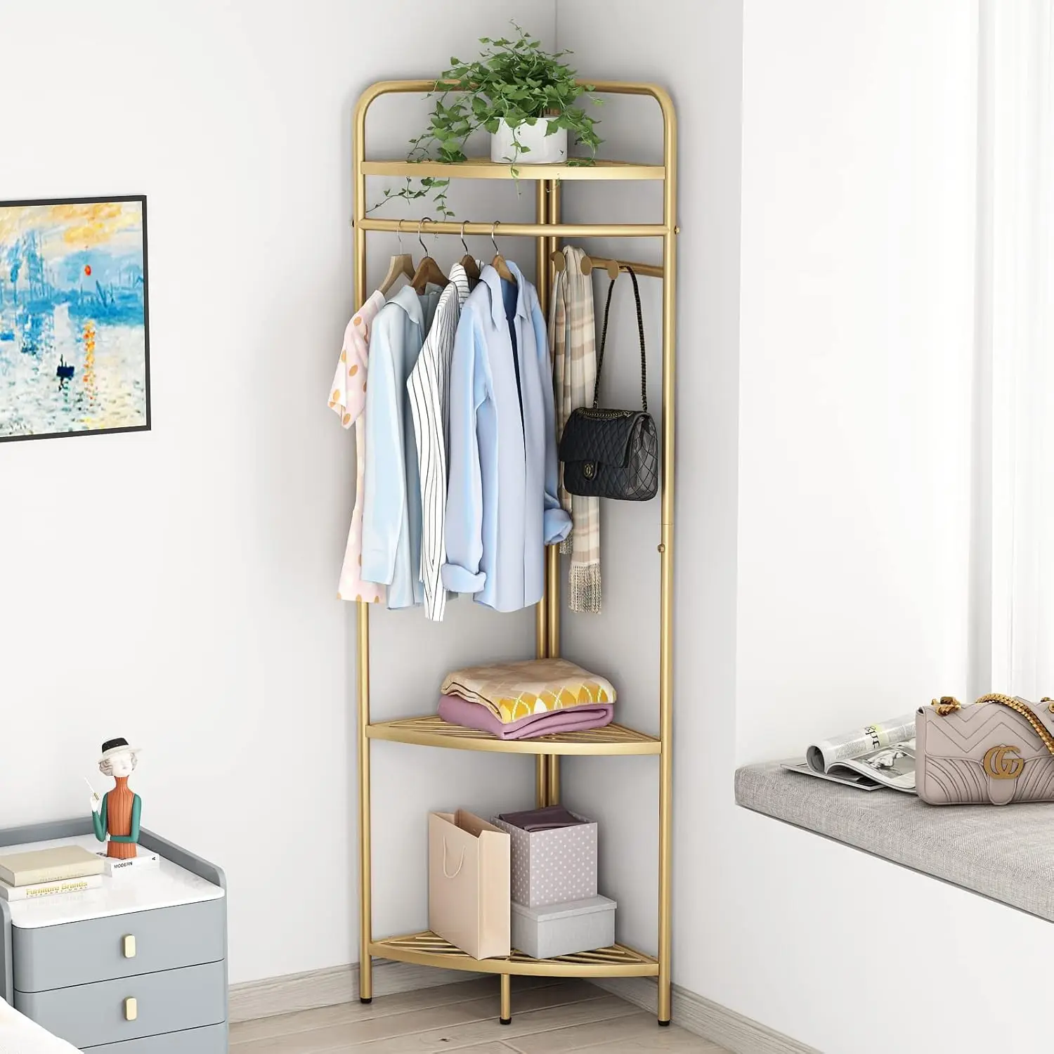 Corner Gold Clothing Ras Freestanding, Gold Metal Coat Ras With Hooks, Heavy Duty Modern Clothes Ra With 3 Tier Storage Shelves
Corner Gold Clothing Ras Freestanding, Gold Metal Coat Ras With Hooks, Heavy Duty Modern Clothes Ra With 3 Tier Storage Shelves