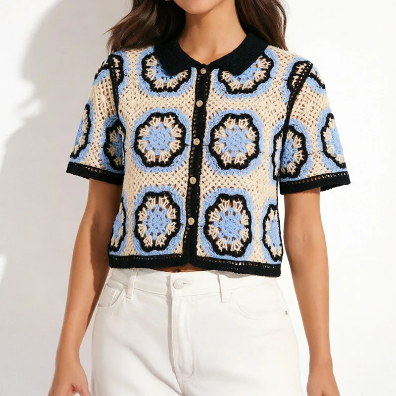 Women's Crochet Knit Shirt Short Sleeve Button Down Open-work Lace Blouse Summer Tops Bohemian Festival Outfit
Women's Crochet Knit Shirt Short Sleeve Button Down Open-work Lace Blouse Summer Tops Bohemian Festival Outfit
