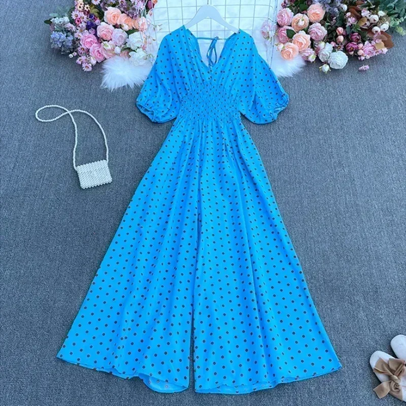 Summer dot holiday casual wide leg jumpsuits V Neck Puff Sleeve Waist Elastic Rompers loose beach long playsuits
Summer dot holiday casual wide leg jumpsuits V Neck Puff Sleeve Waist Elastic Rompers loose beach long playsuits