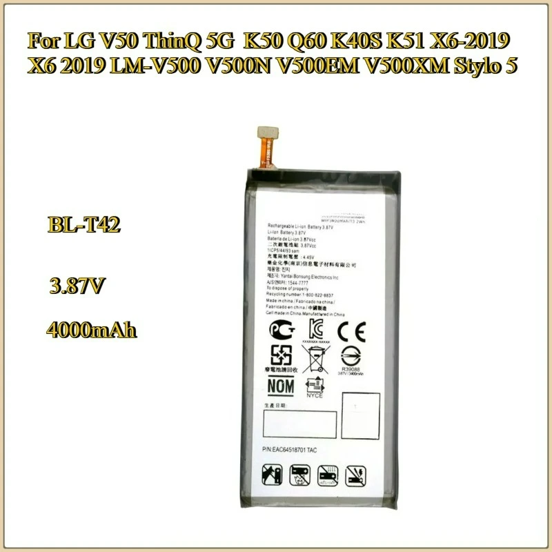 New Battery BL-T42 BL-T44 For LG V50 ThinQ 5G K50 Q60 K40S K51 X6-2019 X6 2019 LM-V500 V500N V500EM V500XM Stylo 5
New Battery BL-T42 BL-T44 For LG V50 ThinQ 5G K50 Q60 K40S K51 X6-2019 X6 2019 LM-V500 V500N V500EM V500XM Stylo 5