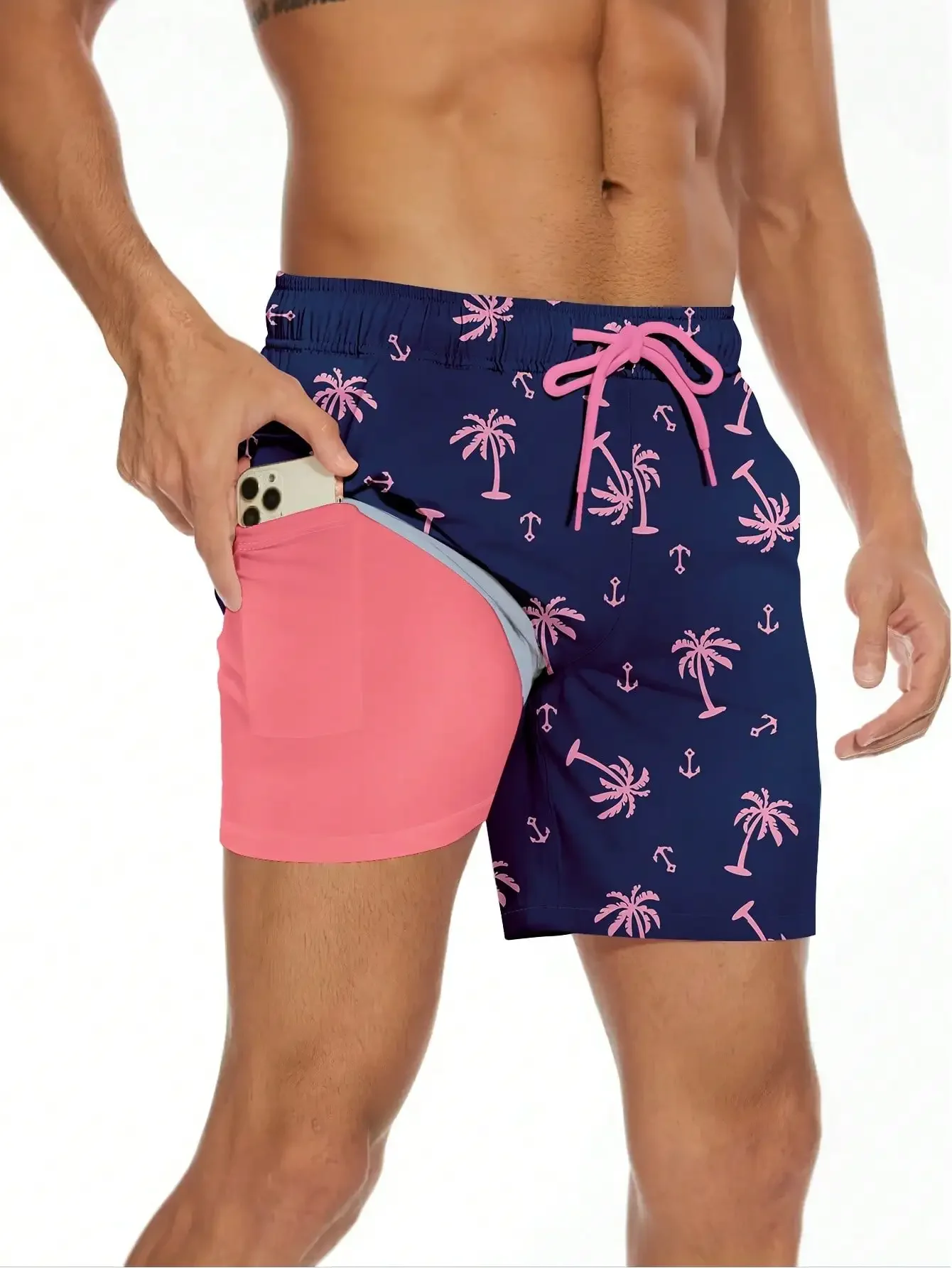 Men's Navy Pink Palm Tree & Anchor 2-In-1 Swim Trunks With Compression Liner, Quick Dry Double Layer Beach Shorts With Pockets
Men's Navy Pink Palm Tree & Anchor 2-In-1 Swim Trunks With Compression Liner, Quick Dry Double Layer Beach Shorts With Pockets
