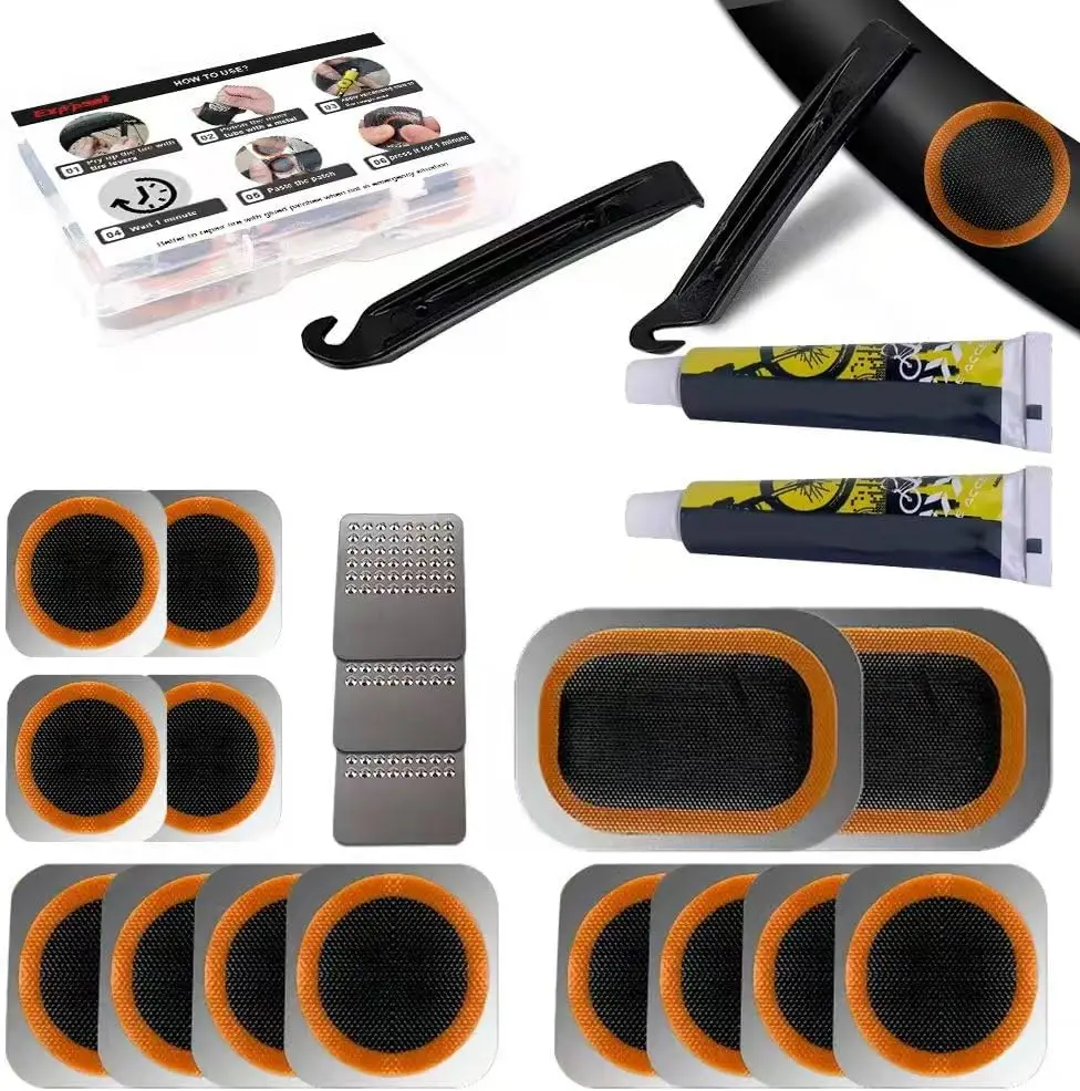 Bike Tire Repair Kit with Vulcanizing Patches and Tire Levers for Mountain and Road Bikes
Bike Tire Repair Kit with Vulcanizing Patches and Tire Levers for Mountain and Road Bikes