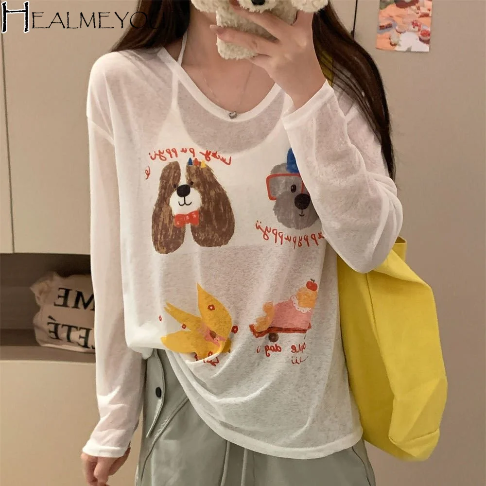 Thin Dog Print Graphic T-shirt Cartoon Loose Cartoon Animal Long Sleeved Top Sunscreen Ins Round Neck Oversized T-shirt Women
Thin Dog Print Graphic T-shirt Cartoon Loose Cartoon Animal Long Sleeved Top Sunscreen Ins Round Neck Oversized T-shirt Women