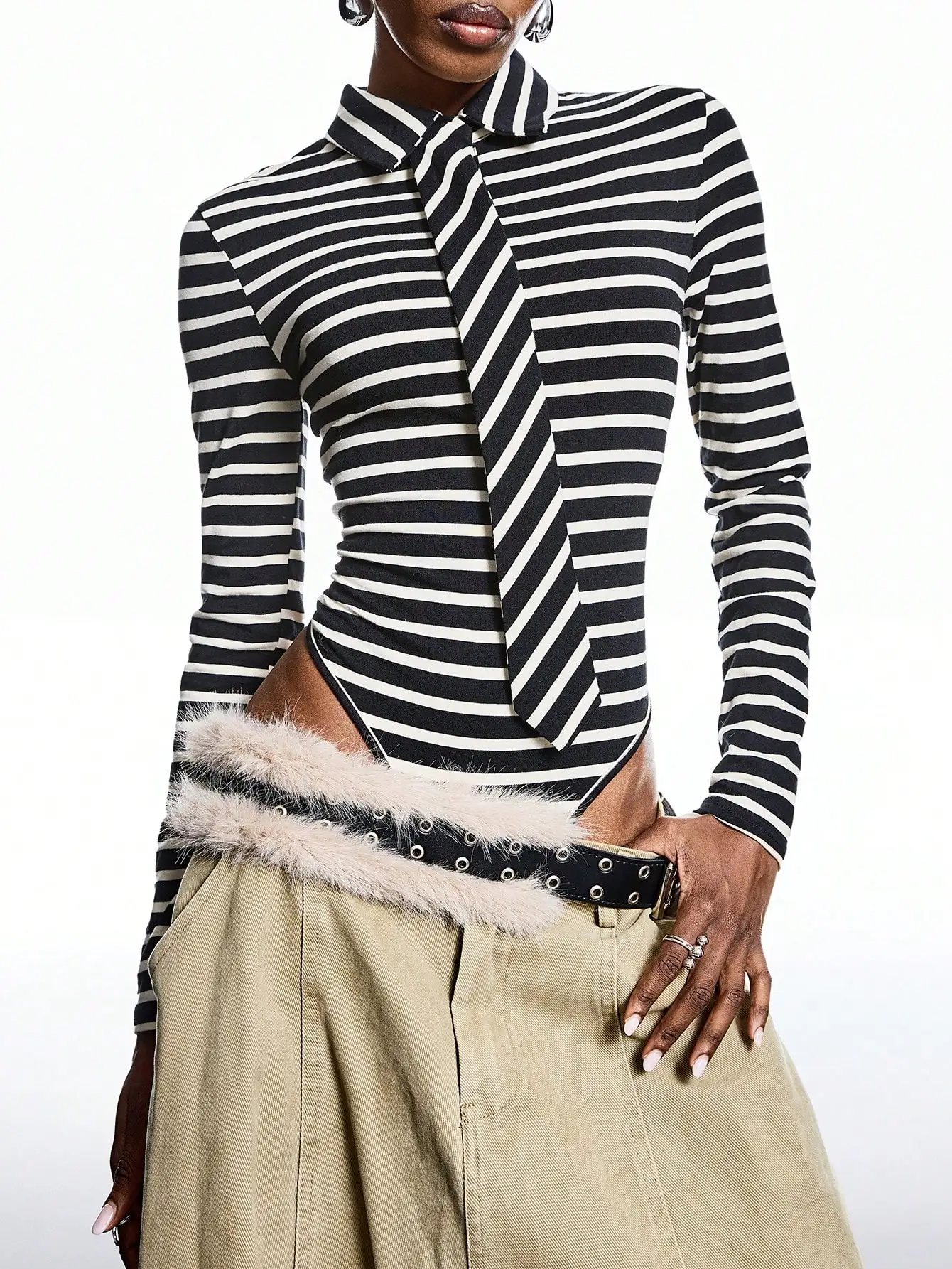 Black and White Striped Long Sleeve Bodysuit with Lapel Tie Detail
Black and White Striped Long Sleeve Bodysuit with Lapel Tie Detail