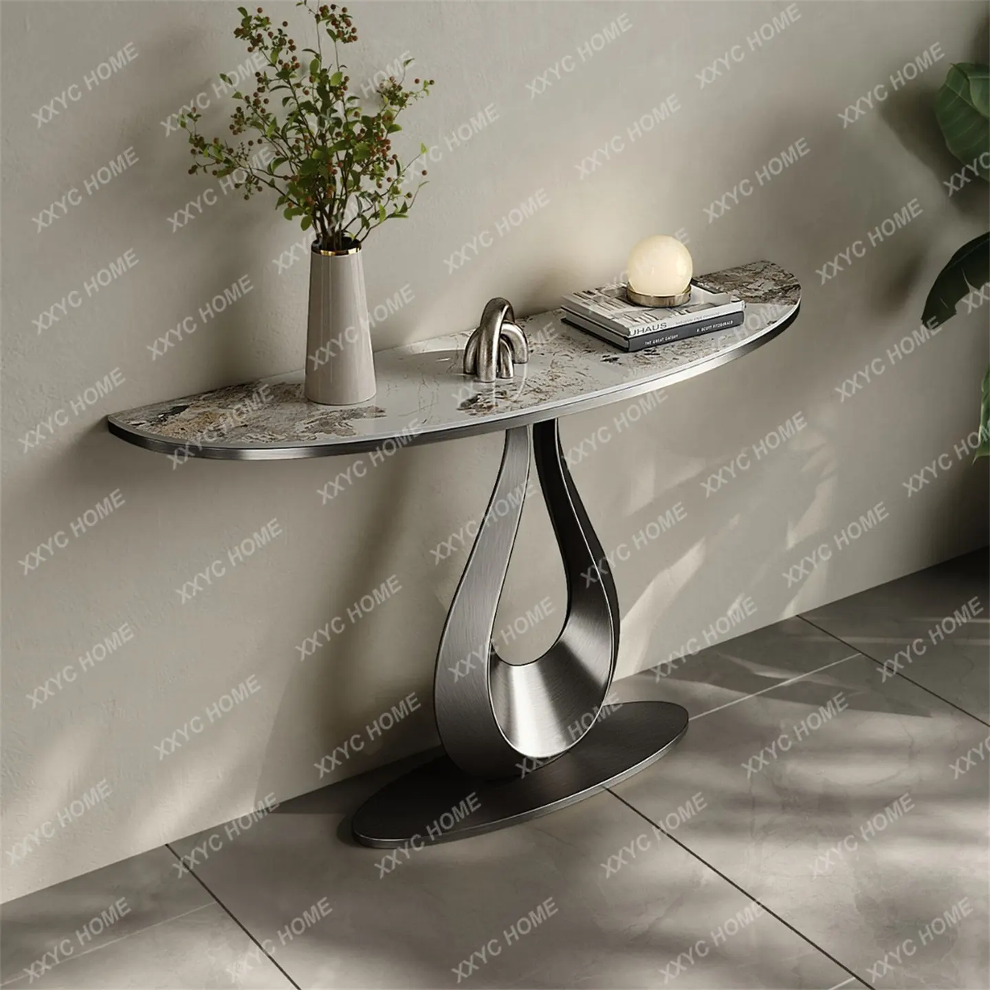 Light luxury entrance table against the wall Stainless steel entrance table Villa end view table
Light luxury entrance table against the wall Stainless steel entrance table Villa end view table