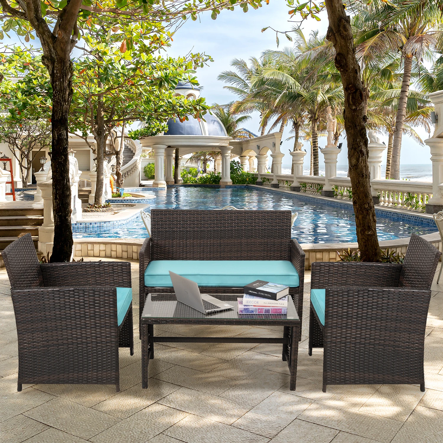 4 Pc Outdoor Wicker Furniture Sets PE Rattan Chair Patio Conversation Sets with Soft Cushions and Glass Tabletop Poolside Chair
4 Pc Outdoor Wicker Furniture Sets PE Rattan Chair Patio Conversation Sets with Soft Cushions and Glass Tabletop Poolside Chair