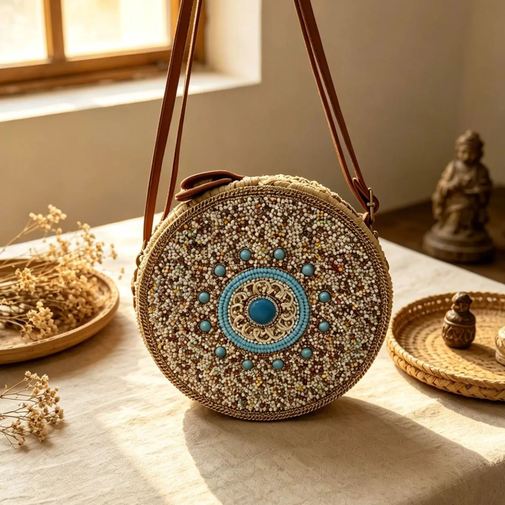 Hand-woven totem grass-woven bag Retro peacock blue round heart cross-body bag Hand-made limited edition
Hand-woven totem grass-woven bag Retro peacock blue round heart cross-body bag Hand-made limited edition