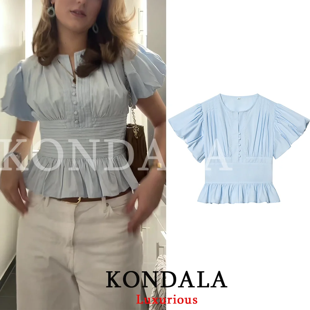 KONDALA Elegant Casual Chic Women Blouse Short Puff Sleeve O-Neck Ruched Slim Blouse Fashion 2026 Spring Summer Holiday Blouse
KONDALA Elegant Casual Chic Women Blouse Short Puff Sleeve O-Neck Ruched Slim Blouse Fashion 2026 Spring Summer Holiday Blouse
