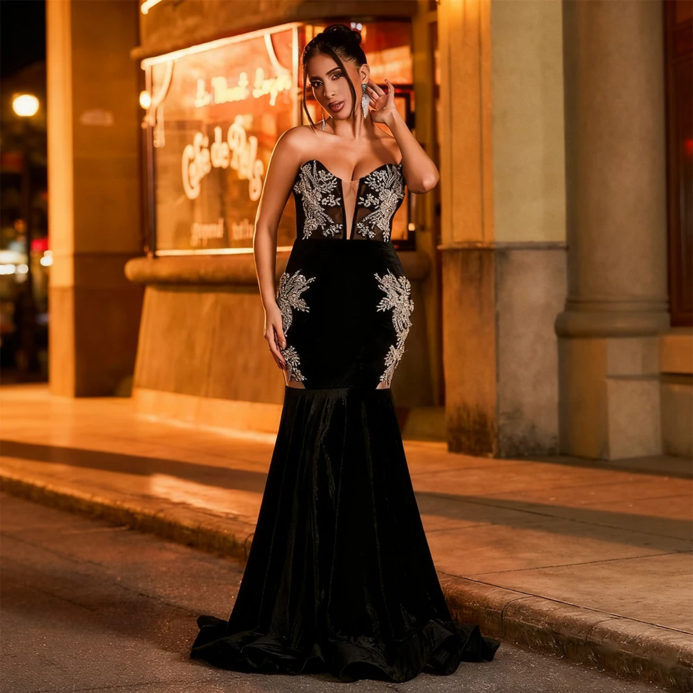 DRESS FORU Black Elegant Evening Dresses Velour for Floor-Length Sweetheart Sleeveless Prom Dress Appliques Mermaid Customized 
DRESS FORU Black Elegant Evening Dresses Velour for Floor-Length Sweetheart Sleeveless Prom Dress Appliques Mermaid Customized