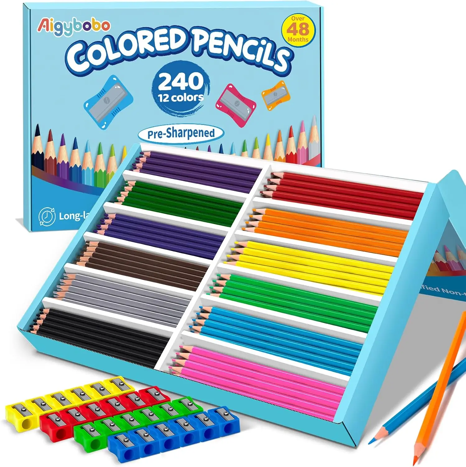 240 Bulk Colored Pencils, 12 Colors, Pre-sharpened with 24 Sharpeners for Classroom
240 Bulk Colored Pencils, 12 Colors, Pre-sharpened with 24 Sharpeners for Classroom