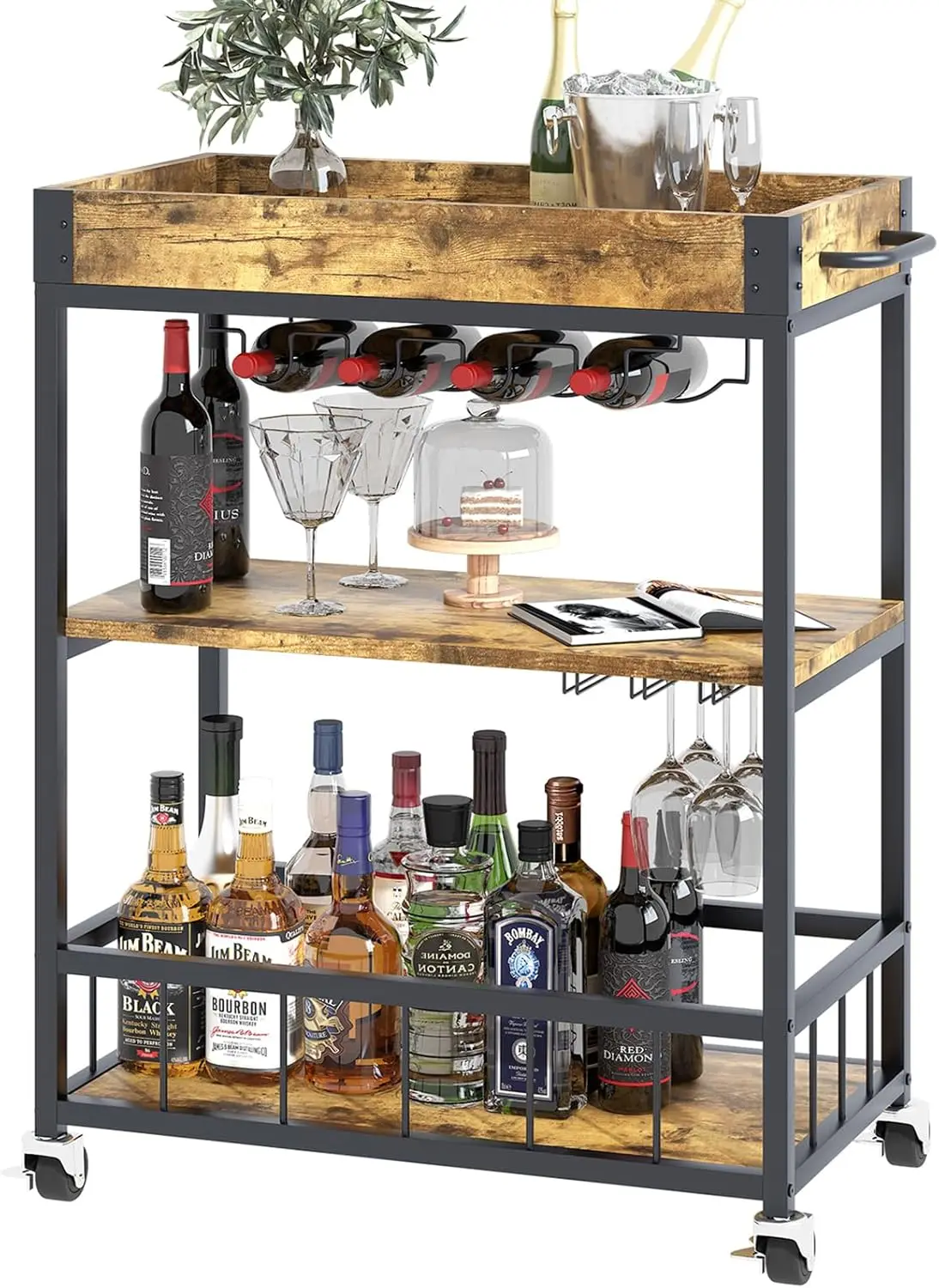 Vintage Style 3-Tier Rolling Bar Cart with Wheels, Wood & Metal Serving Trolley for Home Kitchen
Vintage Style 3-Tier Rolling Bar Cart with Wheels, Wood & Metal Serving Trolley for Home Kitchen