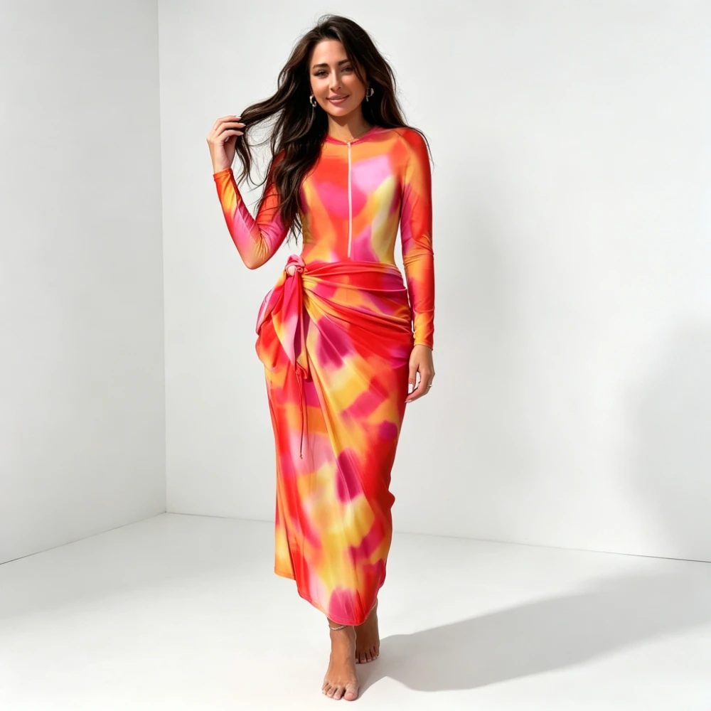 2026 New 2PCS Modest Burkini Swimsuit Tie-Dye Long Sleeve Zip Rash Guard with Wrap Maxi Skirt Full Coverage Swimwear
2026 New 2PCS Modest Burkini Swimsuit Tie-Dye Long Sleeve Zip Rash Guard with Wrap Maxi Skirt Full Coverage Swimwear