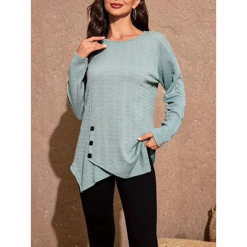 Plus Size 1XL-5XL Solid Color Women's Long Sleeve T-shirt Round Neck Button Decor Asymmetric Hem Slight Stretch Casual Tops
Plus Size 1XL-5XL Solid Color Women's Long Sleeve T-shirt Round Neck Button Decor Asymmetric Hem Slight Stretch Casual Tops