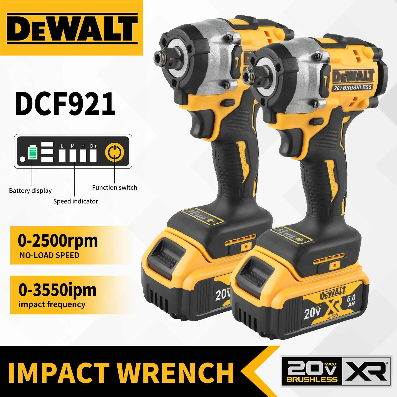 DEWALT DCF921 20V Cordless Impact Wrench 6.0Ah Battery 610Nm Disassembly Torque 0-3550ipm for Job Site & Home Repair Bolt Tasks
DEWALT DCF921 20V Cordless Impact Wrench 6.0Ah Battery 610Nm Disassembly Torque 0-3550ipm for Job Site & Home Repair Bolt Tasks