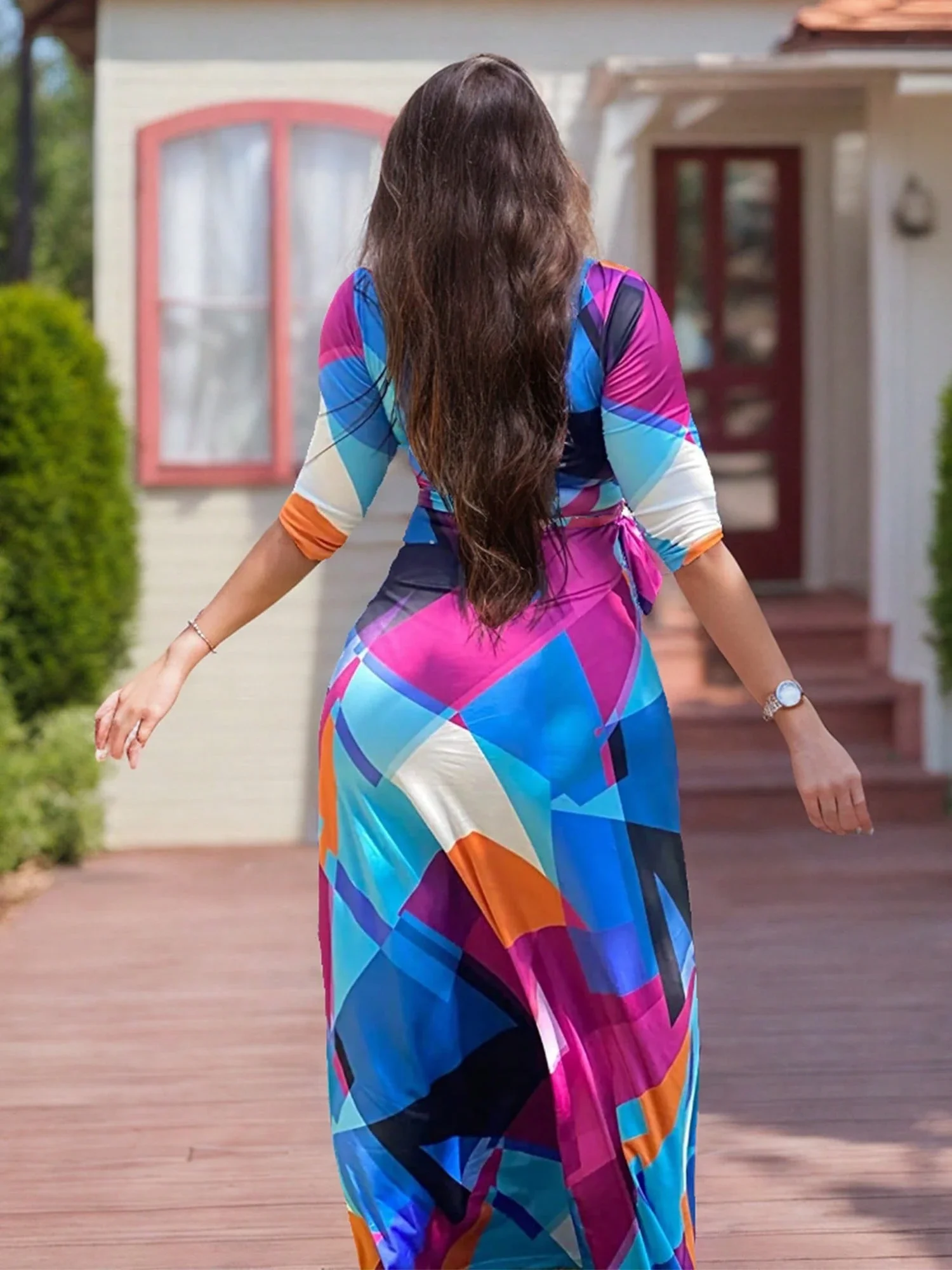 Women V-Neck Three-Quarter Sleeve Wrap Maxi Dress Color Block Print
Women V-Neck Three-Quarter Sleeve Wrap Maxi Dress Color Block Print