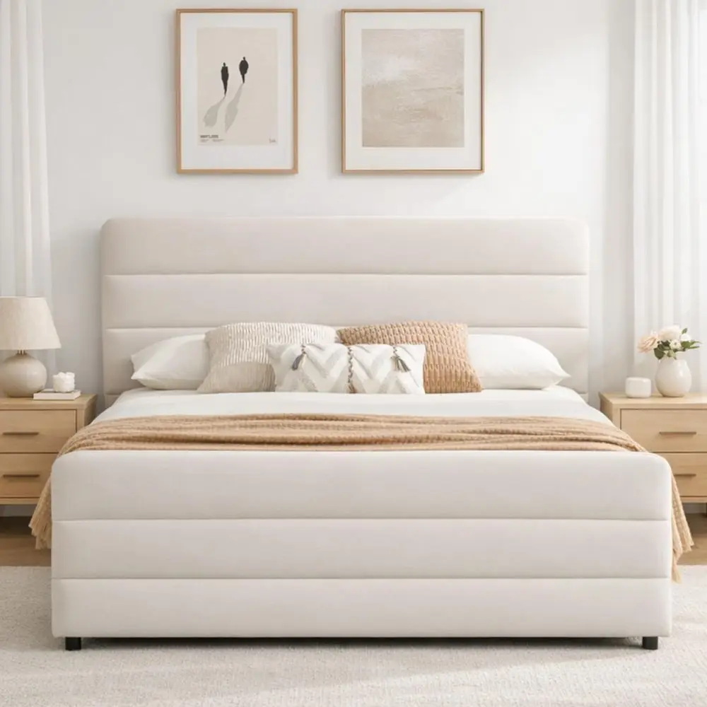 King Upholstered Bed Frame with Storage Drawers, Platform Bed with Tall Padded Headboard and Footboard, Wooden Slat Support, No
King Upholstered Bed Frame with Storage Drawers, Platform Bed with Tall Padded Headboard and Footboard, Wooden Slat Support, No