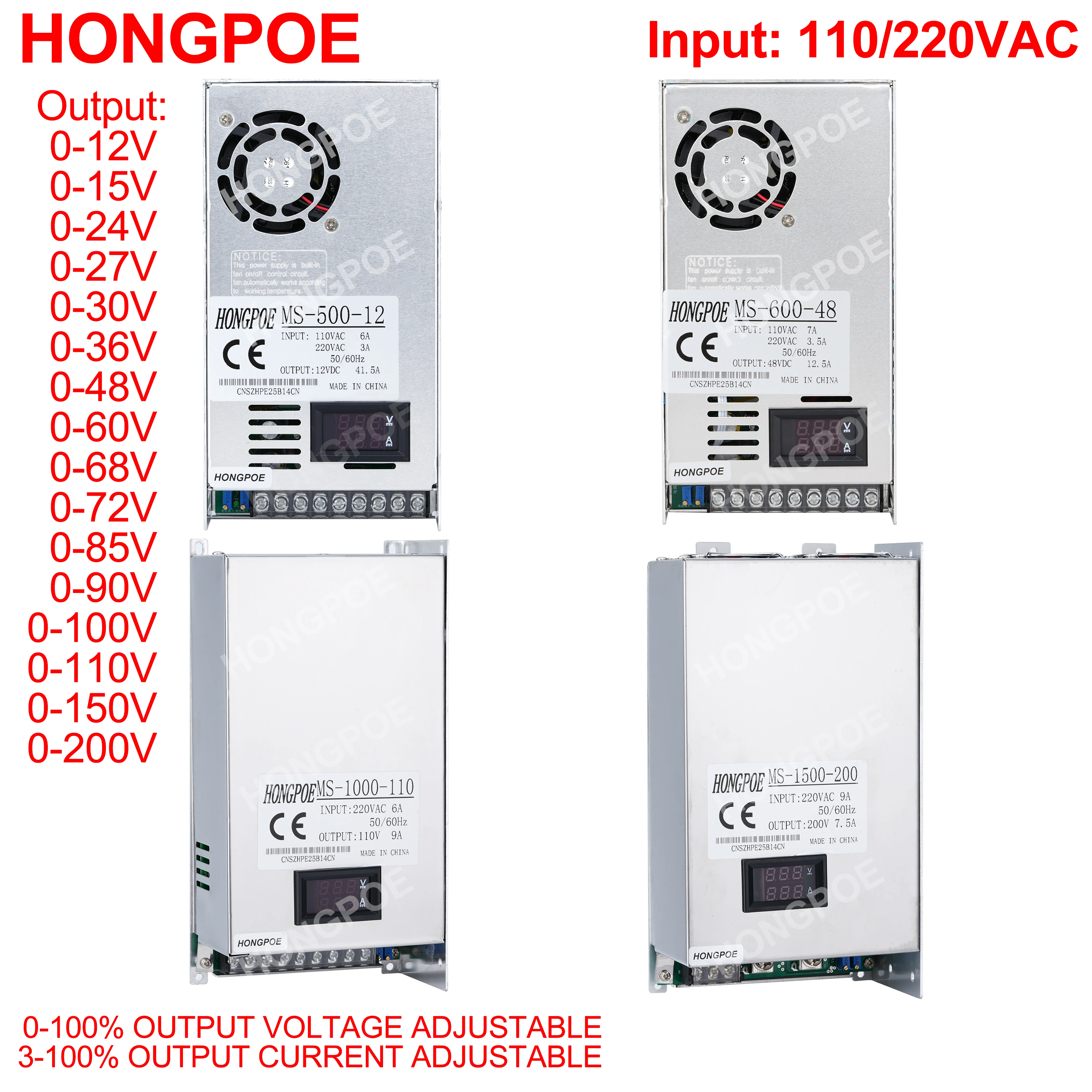 500W 600W 1000W 1500W Digital Display Adjustable Power supply 0-12V 15V 24V 27V 30V 36V 48V 60V 68V 72V 100V 110V 150V 200VDC
500W 600W 1000W 1500W Digital Display Adjustable Power supply 0-12V 15V 24V 27V 30V 36V 48V 60V 68V 72V 100V 110V 150V 200VDC