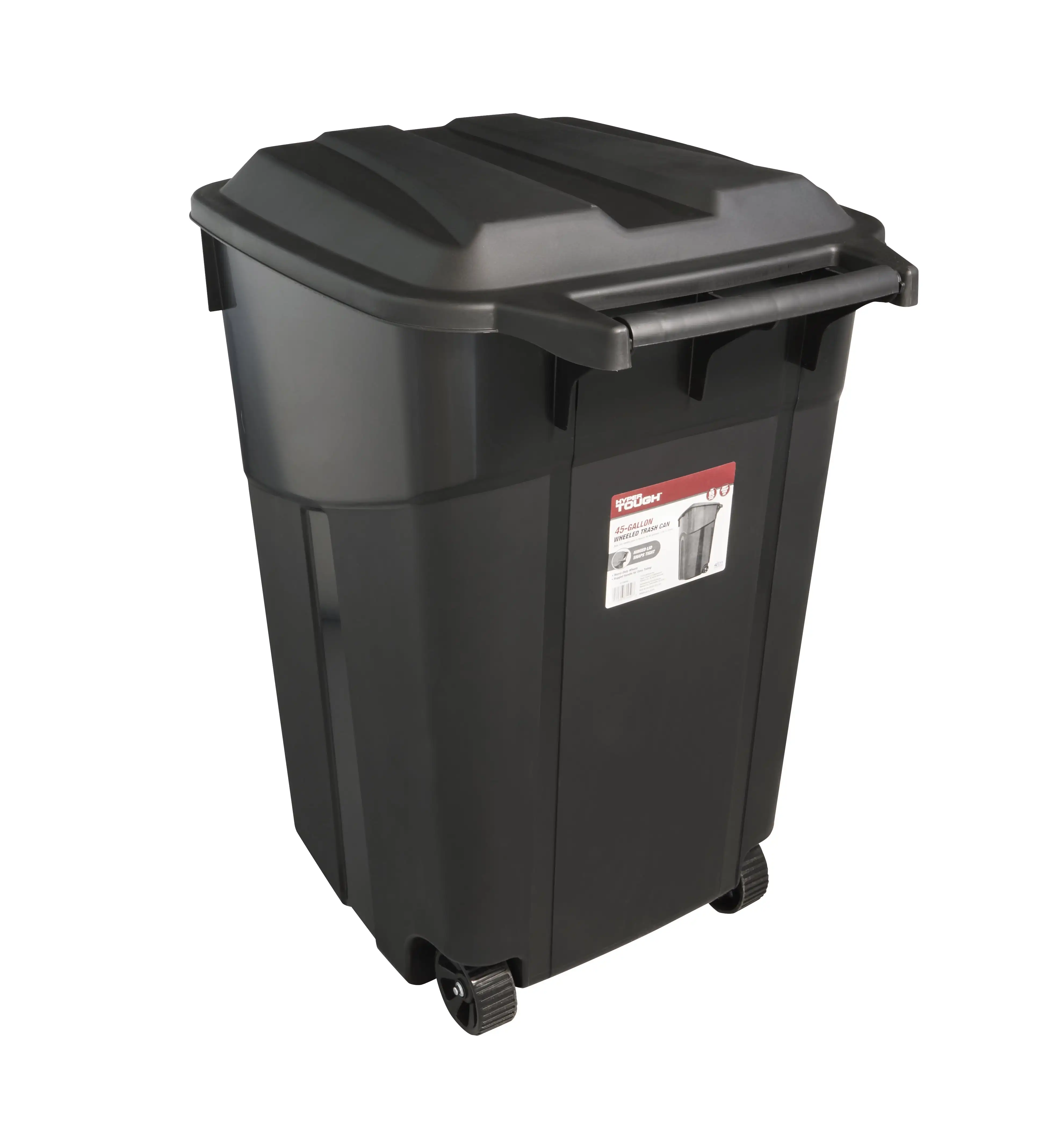 45-gallon wheeled heavy-duty plastic trash bin with secure lid in black
45-gallon wheeled heavy-duty plastic trash bin with secure lid in black
