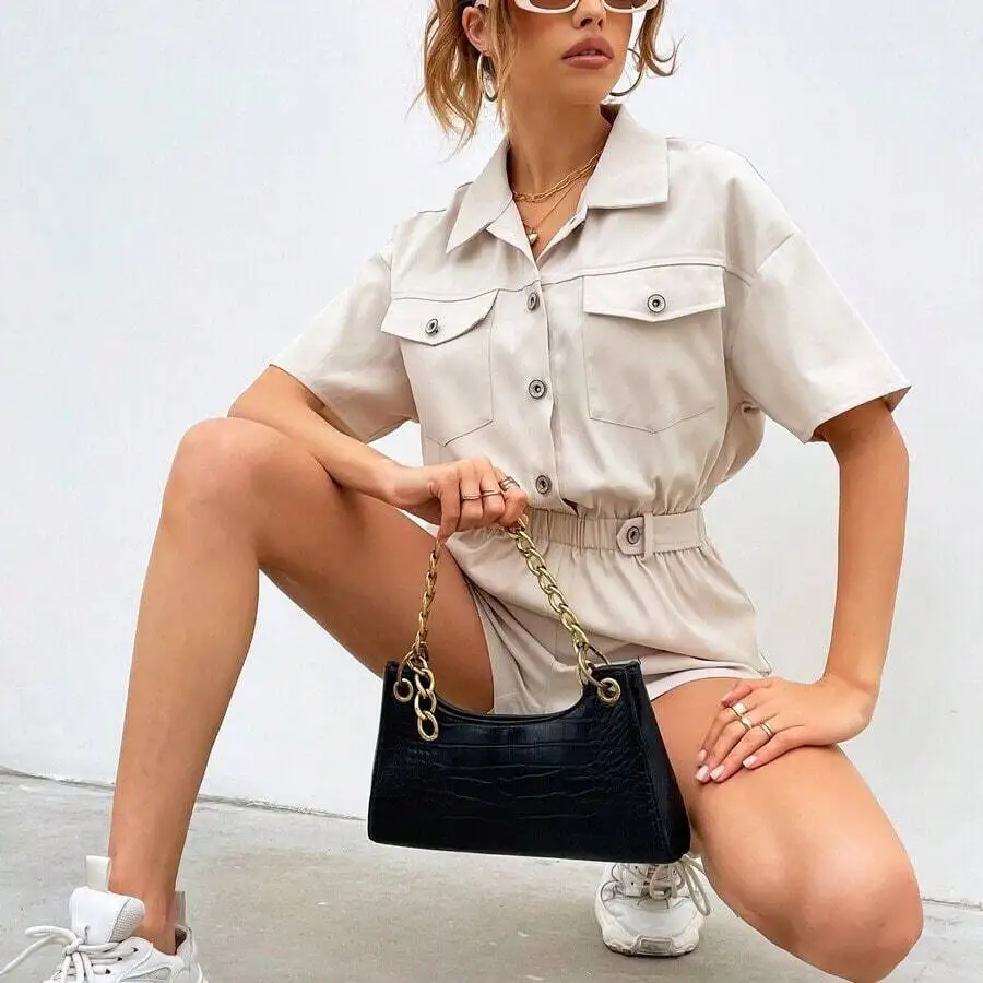 Beige Button Front Pocket Shirt Romper Short Sleeve Casual High Waist
Beige Button Front Pocket Shirt Romper Short Sleeve Casual High Waist