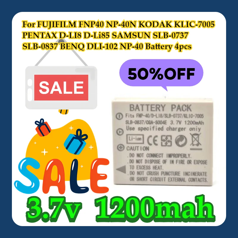 For FUJIFILM FNP40 NP-40N KODAK KLIC-7005 PENTAX D-LI8 D-Li85 SAMSUN SLB-0737 SLB-0837 BENQ DLI-102 NP-40 NP40 Battery 4pcs
For FUJIFILM FNP40 NP-40N KODAK KLIC-7005 PENTAX D-LI8 D-Li85 SAMSUN SLB-0737 SLB-0837 BENQ DLI-102 NP-40 NP40 Battery 4pcs