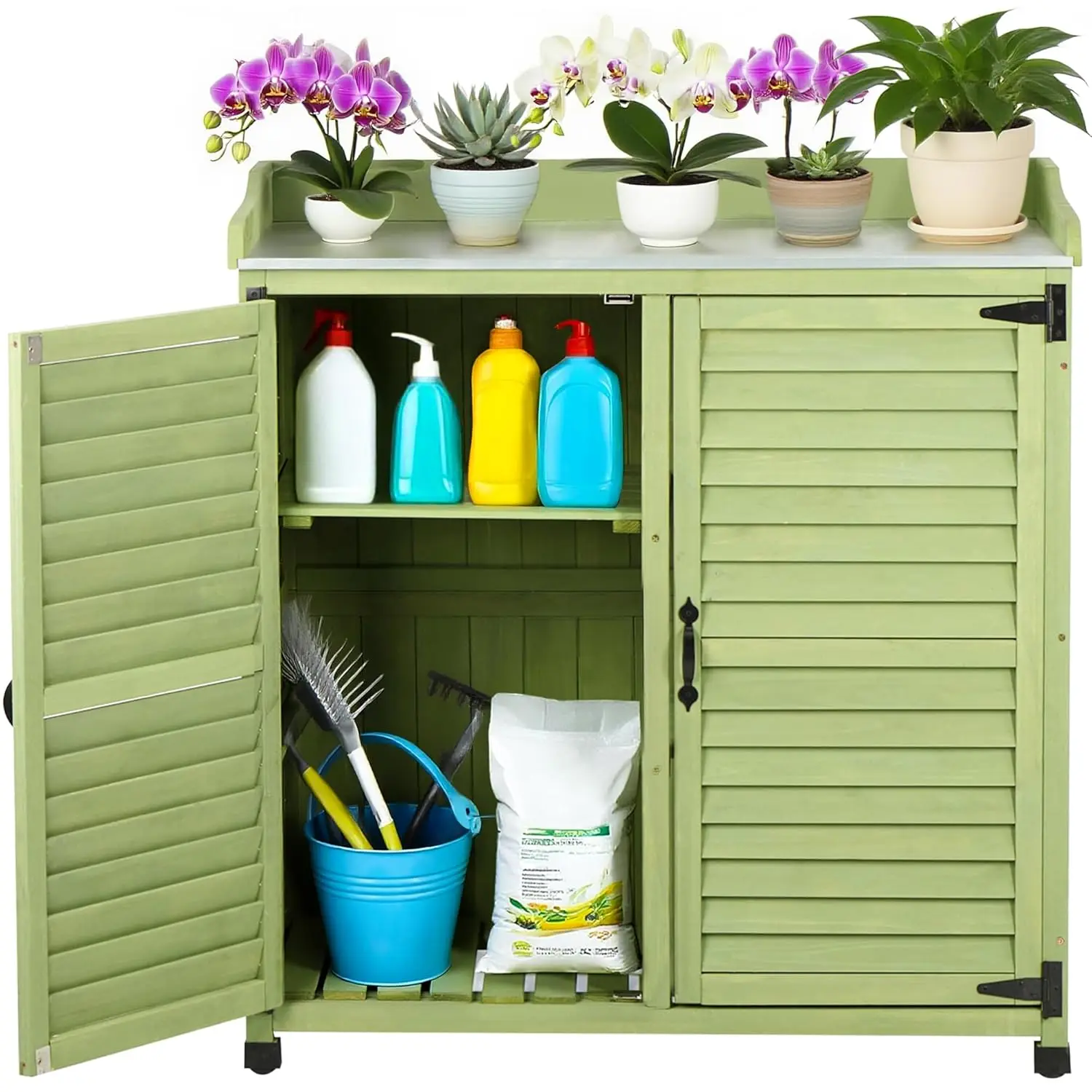Outdoor Potting Bench with Metal Work Top,Waterproof Garden Storage Cabinet,Wooden Tool Station Shed for Backyard,Patio,Lawn Gar
Outdoor Potting Bench with Metal Work Top,Waterproof Garden Storage Cabinet,Wooden Tool Station Shed for Backyard,Patio,Lawn Gar