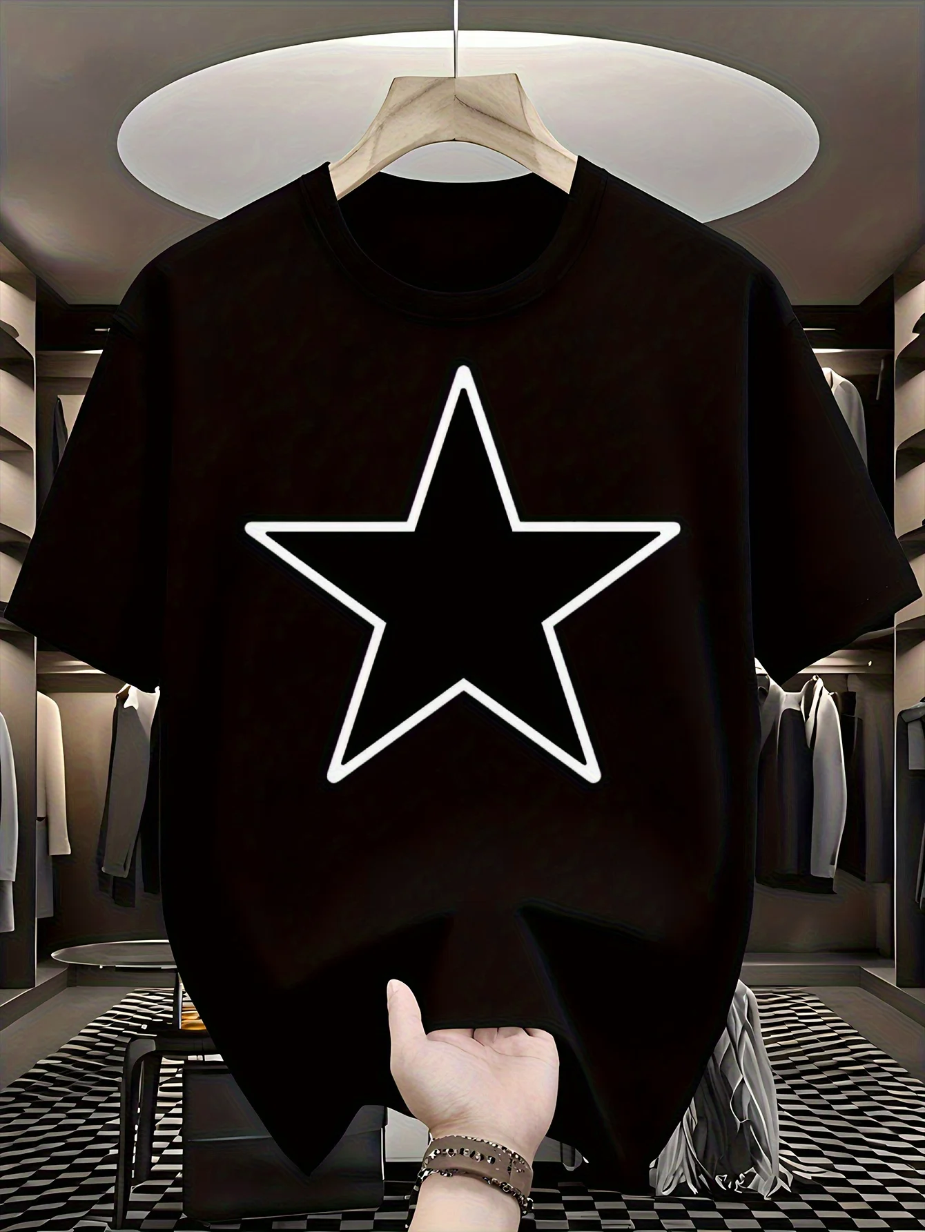 Crew neck white star print casual T-shirt
Crew neck white star print casual T-shirt