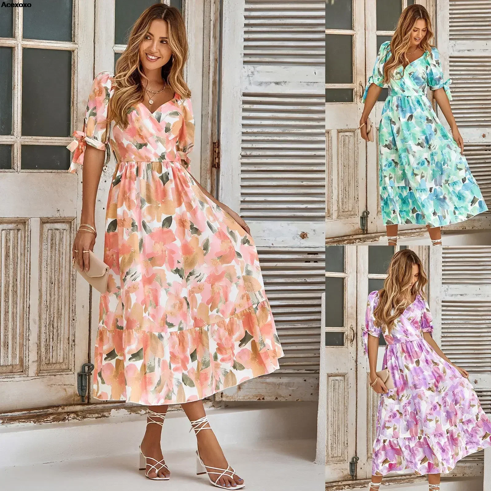 2023 summer new women's fashion casual print waist puffed sleeve V-neck dress 
2023 summer new women's fashion casual print waist puffed sleeve V-neck dress