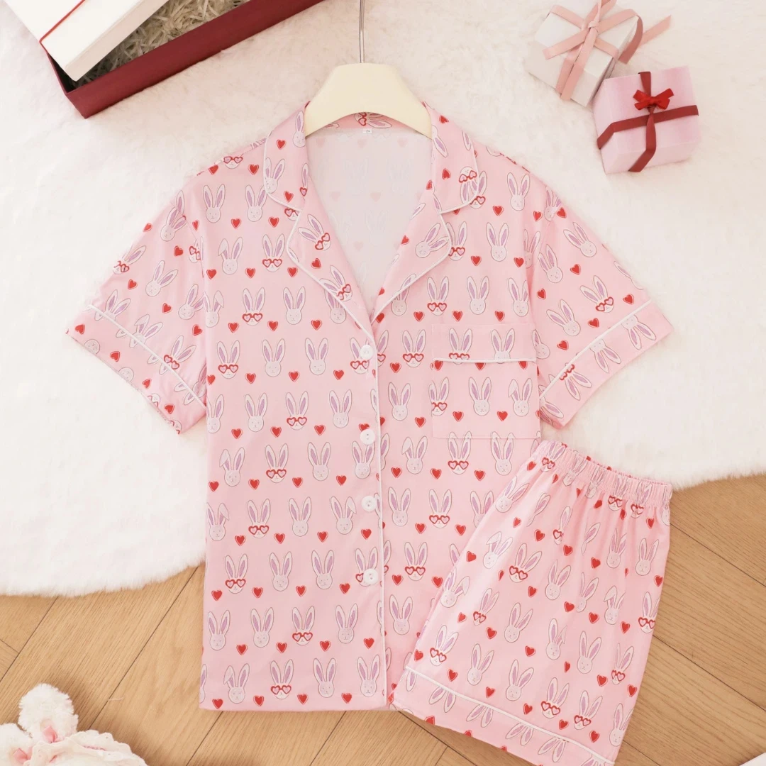 Pink Women Pajama Set Animal Themed with Rabbit Print Lapel Shorts-sleeved and Shorts Pants Home Wear Gifts
Pink Women Pajama Set Animal Themed with Rabbit Print Lapel Shorts-sleeved and Shorts Pants Home Wear Gifts