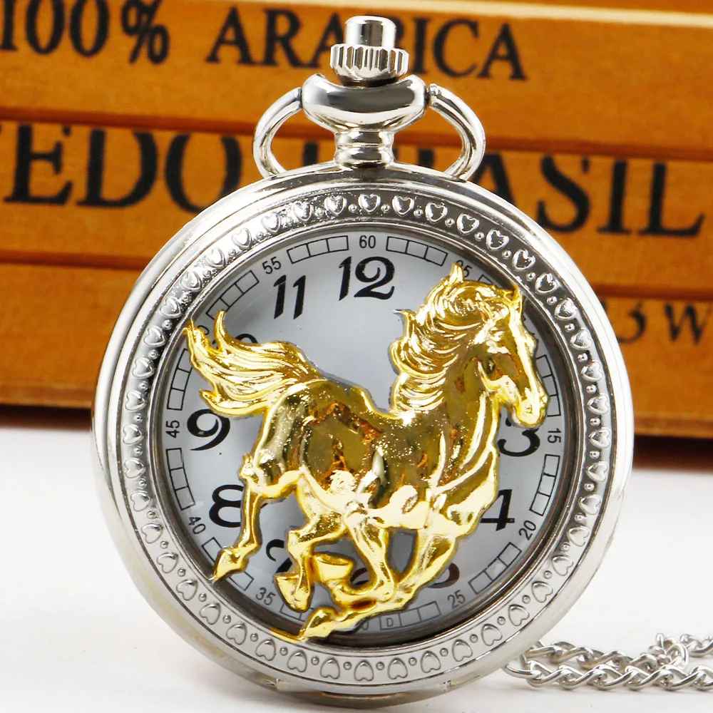 Gold Skeleton Horse Quartz Pocket Watch White Dial Arabic Numerals Necklace Pendant Clock Men Women Unisex Gift Pop Decoration
Gold Skeleton Horse Quartz Pocket Watch White Dial Arabic Numerals Necklace Pendant Clock Men Women Unisex Gift Pop Decoration