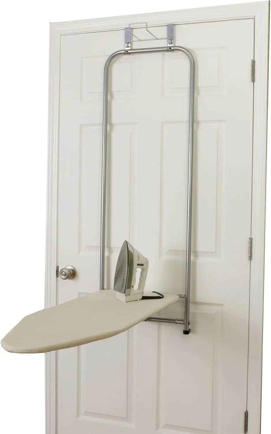 Space-Saving Over-The-Door Ironing Board with Iron Holder, Natural Cotton Cover, Silver Finish
Space-Saving Over-The-Door Ironing Board with Iron Holder, Natural Cotton Cover, Silver Finish