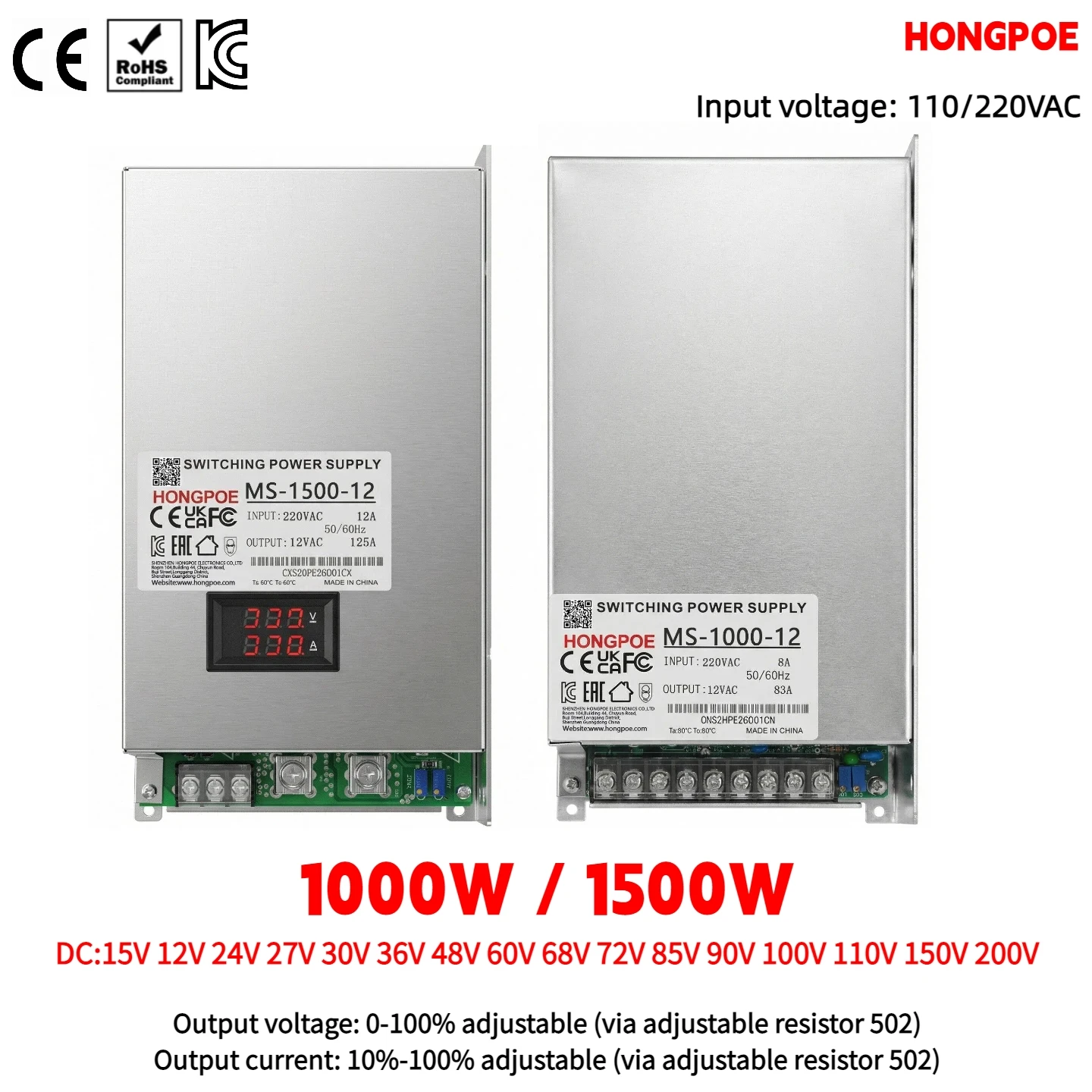 CE 1000W/1500W Adjustable SMPS 0-200V Digital Display, Dual Fans OVP/OCP/SCP/OLP. Input 110/220VAC, for LED Strips CCTV New Ener
CE 1000W/1500W Adjustable SMPS 0-200V Digital Display, Dual Fans OVP/OCP/SCP/OLP. Input 110/220VAC, for LED Strips CCTV New Ener