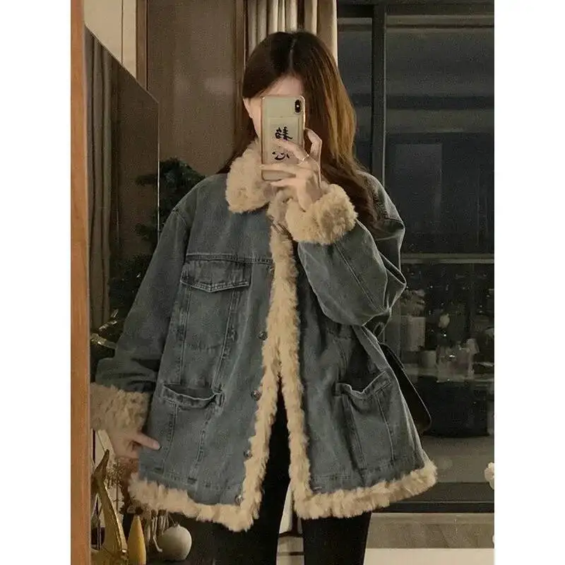 Retro Japanese Lamb Fur Denim Jacket Women's Casual Cotton Coat Spring Autumn Feelings Leisure Winter Style New
Retro Japanese Lamb Fur Denim Jacket Women's Casual Cotton Coat Spring Autumn Feelings Leisure Winter Style New