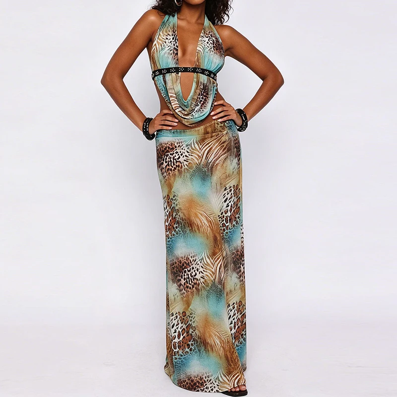 Retro Sleeveless Hollow Holiday Outfit Leopard Print Slim Backless Summer Set Low Cut V Neck Top and Long Skirt Women Beach Suit
Retro Sleeveless Hollow Holiday Outfit Leopard Print Slim Backless Summer Set Low Cut V Neck Top and Long Skirt Women Beach Suit