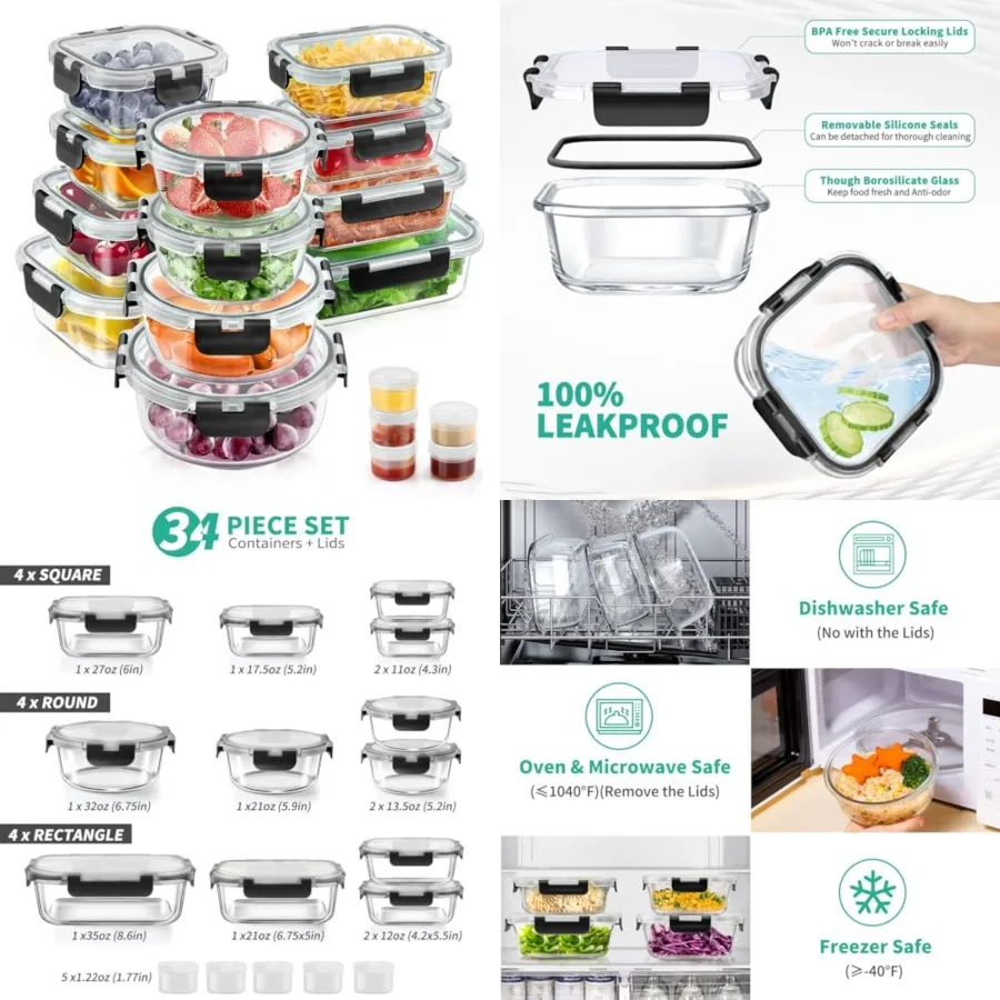 34pcs Glass Food Storage Containers with Lids Set, Airtight Glass Meal Prep Containers 17 Containers and 17 Lids,Leak Proof Lun
34pcs Glass Food Storage Containers with Lids Set, Airtight Glass Meal Prep Containers 17 Containers and 17 Lids,Leak Proof Lun