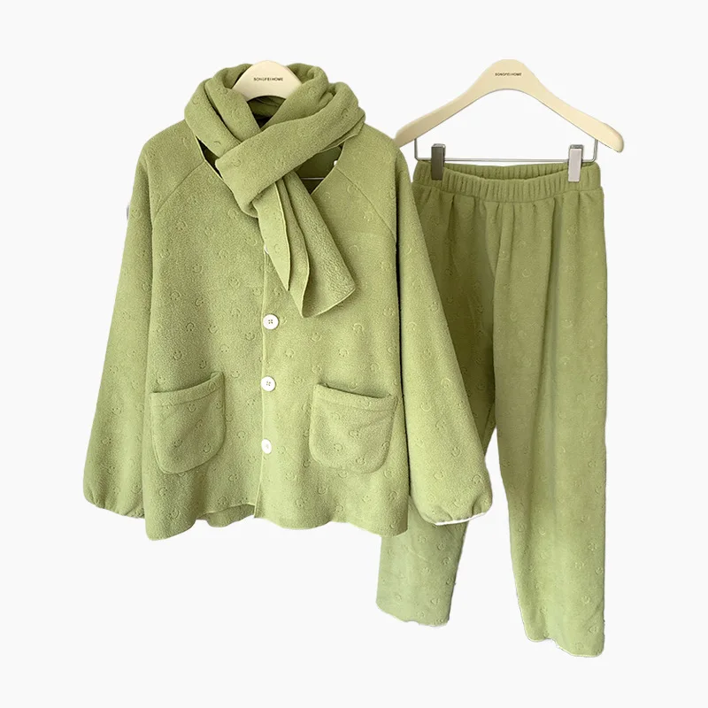 Winter Pajama Set Thick Warm Flannel Homewear Plus Velvet Lounge Wear Female Long-sleeve Scarf Pants Suit Pijama Thick Sleepwear
Winter Pajama Set Thick Warm Flannel Homewear Plus Velvet Lounge Wear Female Long-sleeve Scarf Pants Suit Pijama Thick Sleepwear