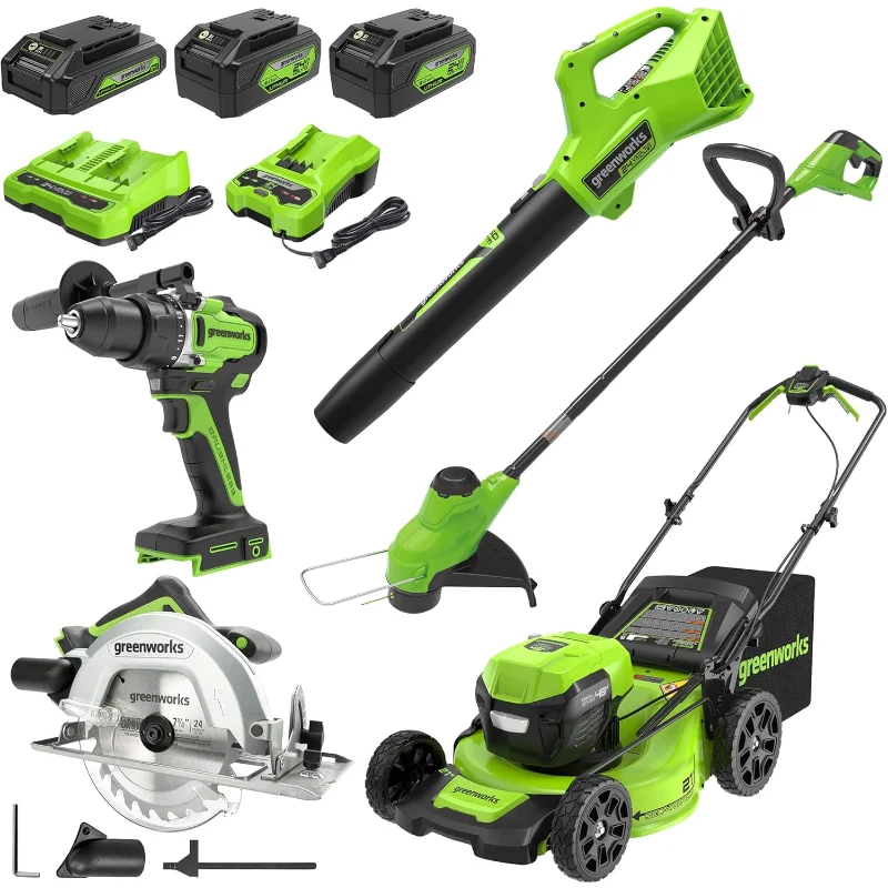 Greenworks 48V (2x24V) Lawn Mower Combo - 21" self propelled Lawn Mower, 12" String Trimmer, 320 CFM Blower, Circular Saw
Greenworks 48V (2x24V) Lawn Mower Combo - 21" self propelled Lawn Mower, 12" String Trimmer, 320 CFM Blower, Circular Saw