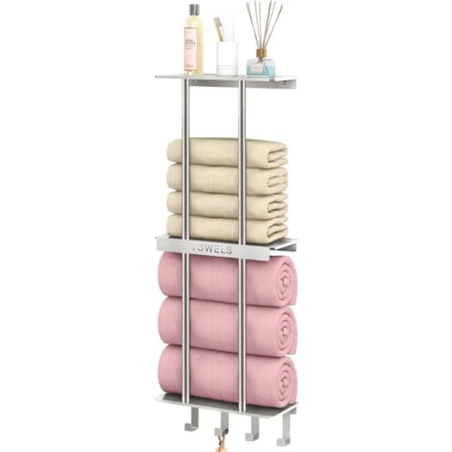 Bathroom Towel Storage, Towel Racks for Bathroom with 3-Tier Shelf and 4 Hooks, Towel Holder for Bathroom Wall for Rolled Bath
Bathroom Towel Storage, Towel Racks for Bathroom with 3-Tier Shelf and 4 Hooks, Towel Holder for Bathroom Wall for Rolled Bath