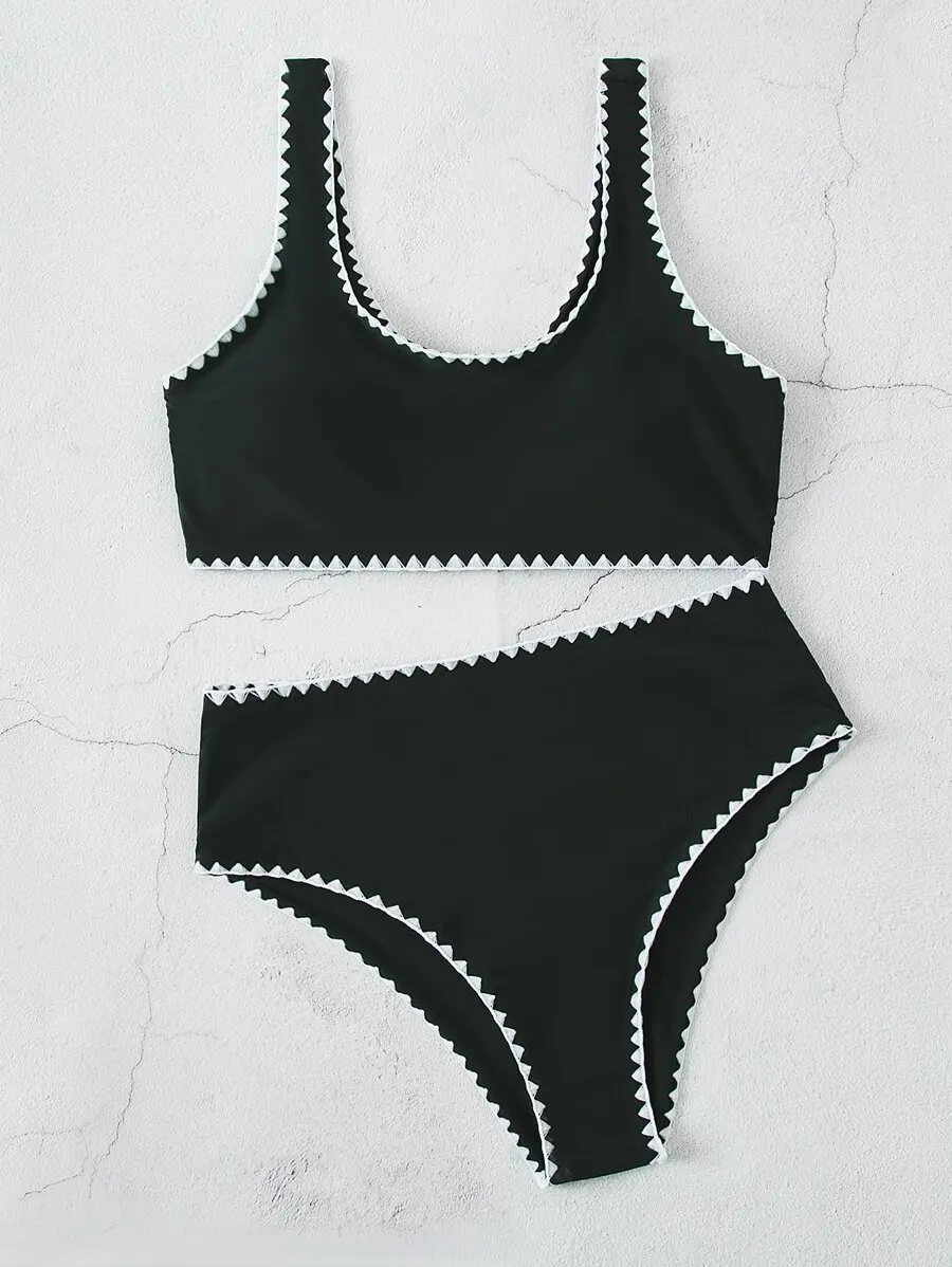 Black Whip Stitch Bikini Set With White Trim Summer Beach Swimwear
Black Whip Stitch Bikini Set With White Trim Summer Beach Swimwear