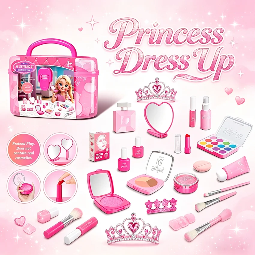 Girl’s pretend home make-up set: faux manicure, lip color, eye shadow, non-washable princess-themed cosmetics and toys.
Girl’s pretend home make-up set: faux manicure, lip color, eye shadow, non-washable princess-themed cosmetics and toys.