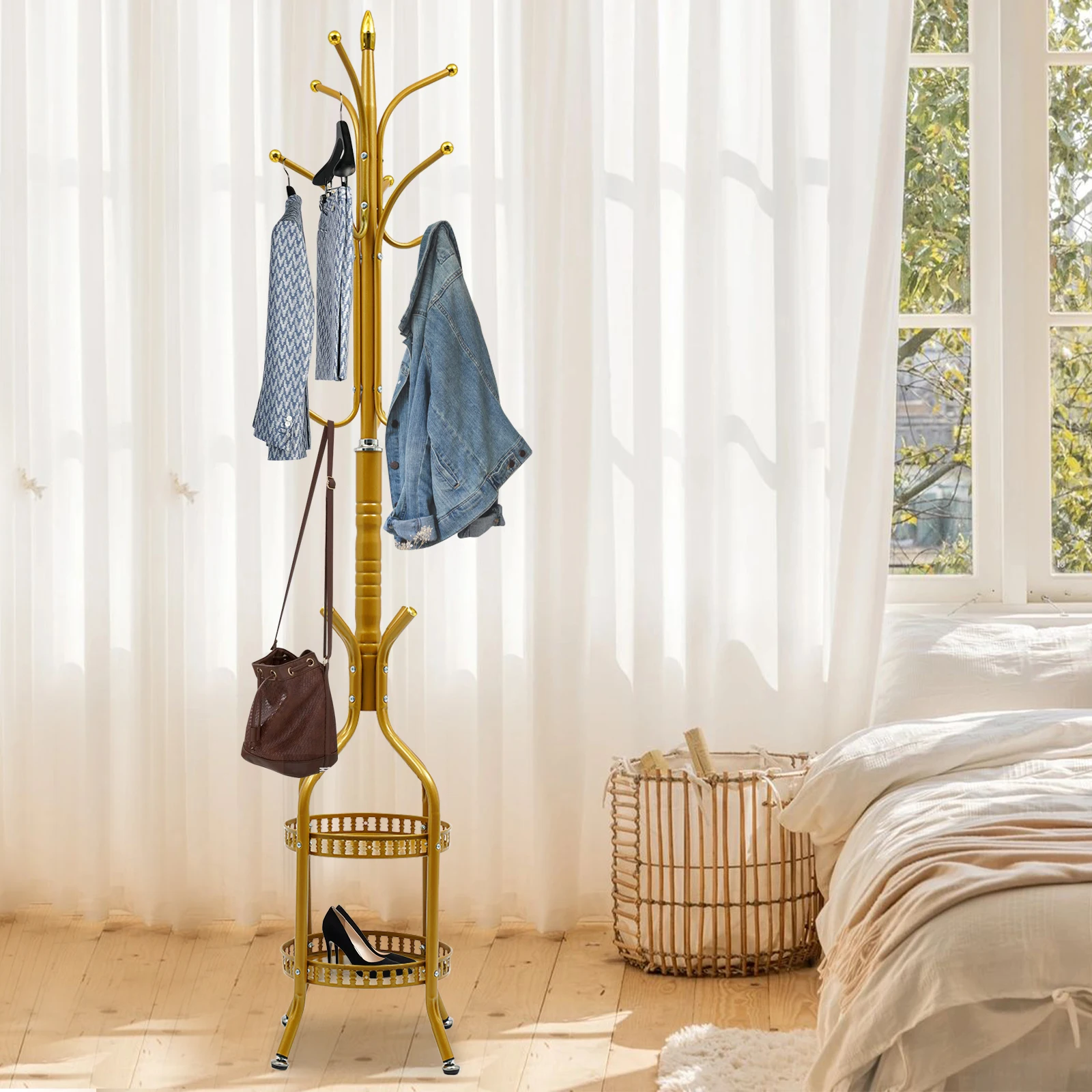 FreeStanding Coat Rack Stand, Metal Clothes Hanger Stand with 2 Shelves Storage, Hat Bag Garment Support, Heavy Duty Clothes Rack Stand for Hall, Bedroom, Living Room, Golden Color
FreeStanding Coat Rack Stand, Metal Clothes Hanger Stand with 2 Shelves Storage, Hat Bag Garment Support, Heavy Duty Clothes Rack Stand for Hall, Bedroom, Living Room, Golden Color