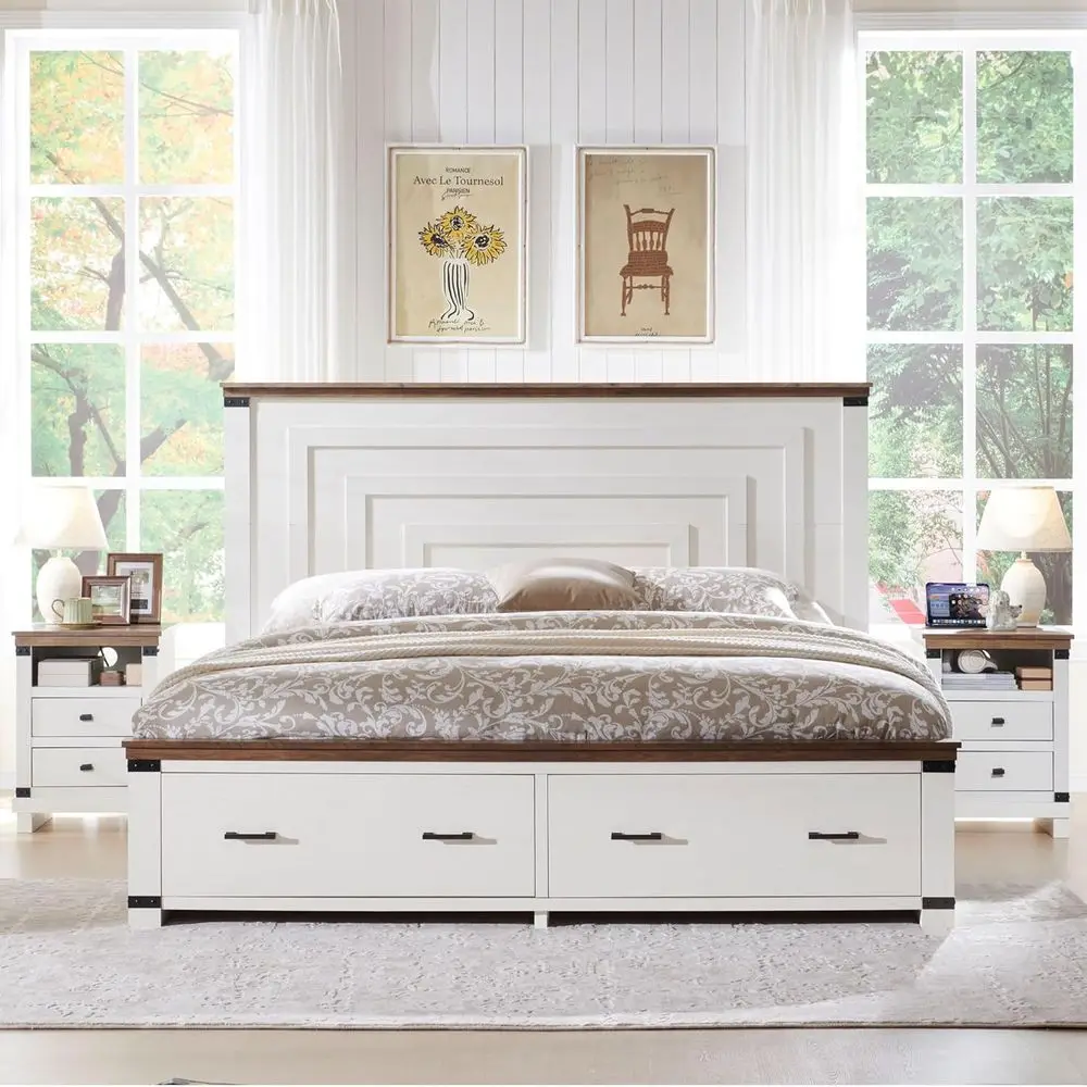 Queen Size Antique White Wood Bed with 54 Geometric Headboard, 2 Storage Drawers, Solid Slat Support, No Box Spring Required
Queen Size Antique White Wood Bed with 54 Geometric Headboard, 2 Storage Drawers, Solid Slat Support, No Box Spring Required